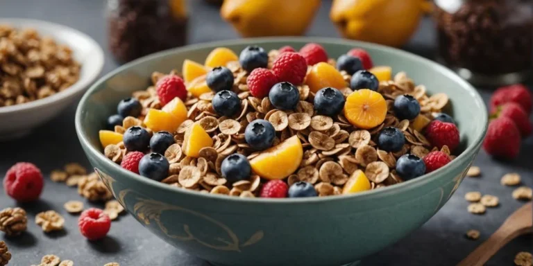 Healthy cereal with ancient grains and fruits in a bowl.