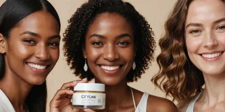 Three smiling women of diverse ethnicities showcasing Ceylan eye cream product