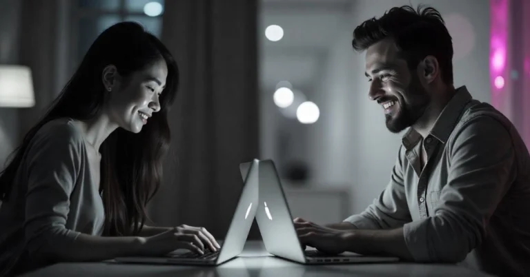 Two people using laptops face-to-face in a cozy room, connecting online through Love2love.lv.