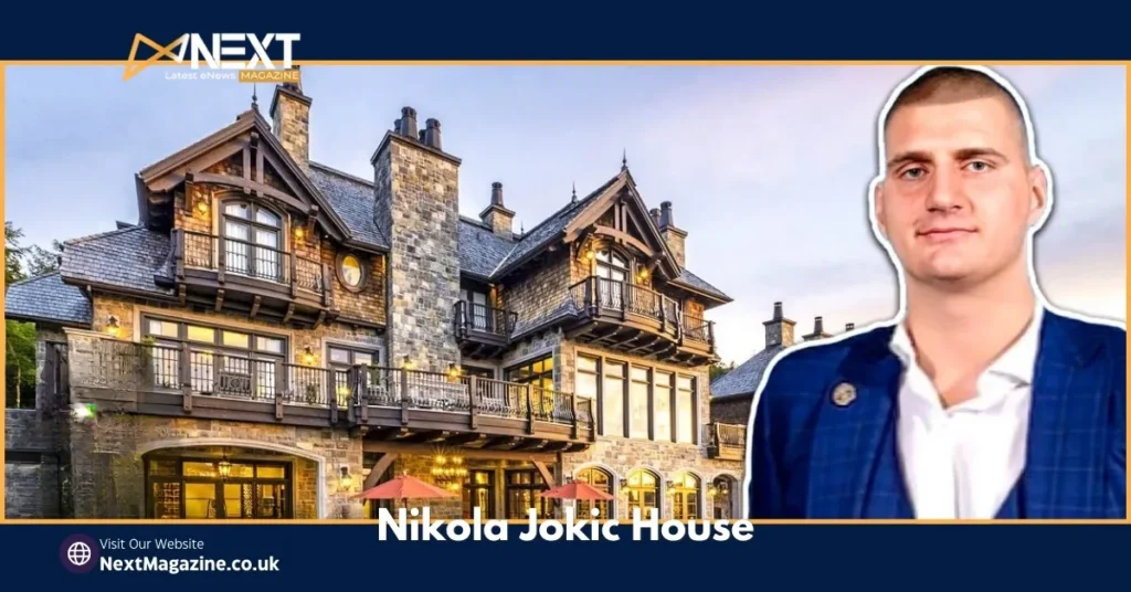 Here's what you requested: Image Alt Text: "Nikola Jokic House in Cherry Hills Village featuring stone architecture with wooden accents and multiple balconies alongside a portrait of the NBA star