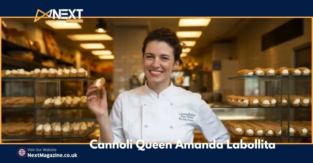Cannoli Queen Amanda Labollita's smiling in her bakery holding a fresh cannoli with display cases of pastries in the background