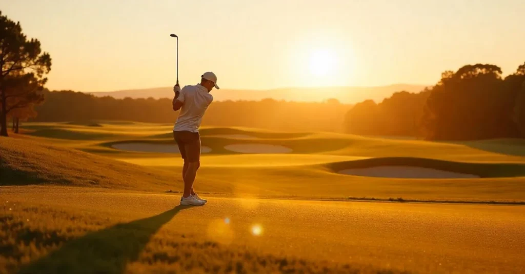 Golfer planning a golf trip with golf clubs, course map, travel luggage, and tee time details.