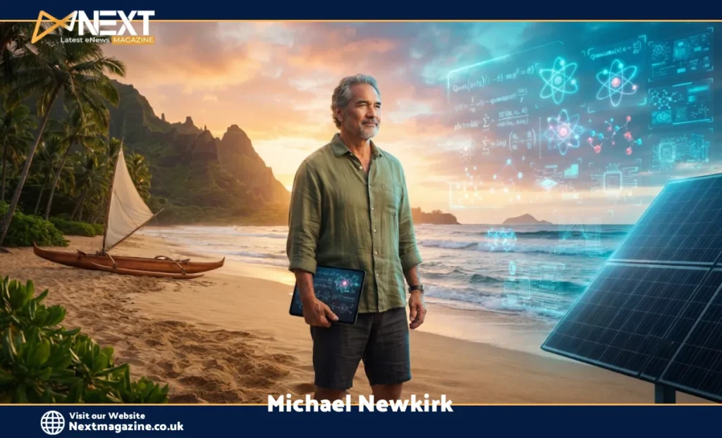 Michael Newkirk, Caltech PhD physicist and sustainability pioneer, standing on a Hawaiian beach with solar technology and cultural elements symbolizing his work bridging science and island preservation.