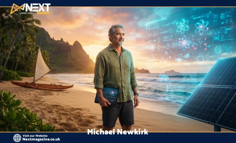 Michael Newkirk, Caltech PhD physicist and sustainability pioneer, standing on a Hawaiian beach with solar technology and cultural elements symbolizing his work bridging science and island preservation.