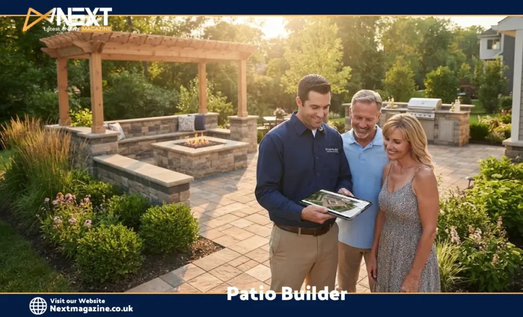 Professional patio builder consulting with homeowners over 3D patio design plans for an outdoor living space with pavers, fire pit, and pergola
