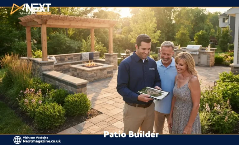 Professional patio builder consulting with homeowners over 3D patio design plans for an outdoor living space with pavers, fire pit, and pergola