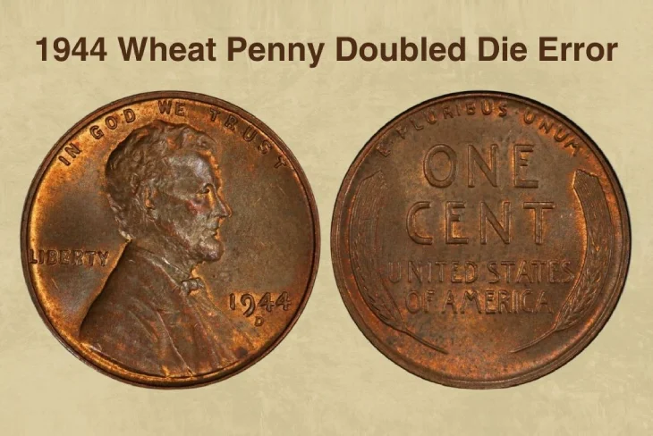 Close-up of a 1944 wheat penny, showcasing its distinctive features and potential value for collectors.