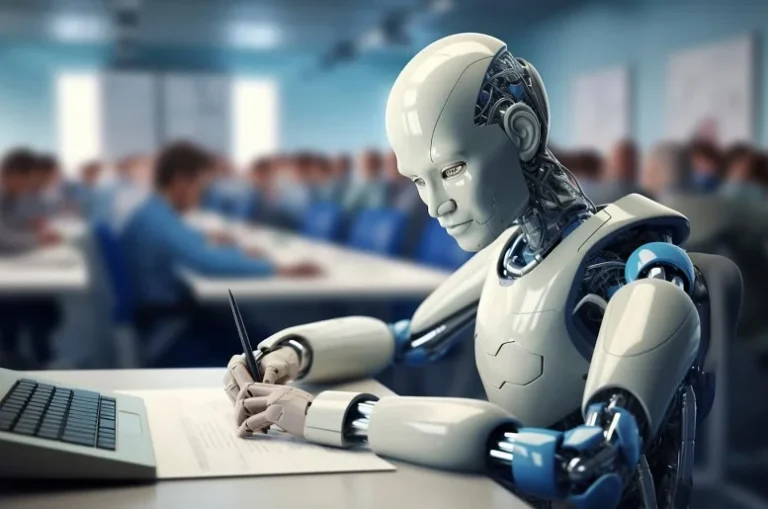 AI-powered robot writing essays in a classroom setting.