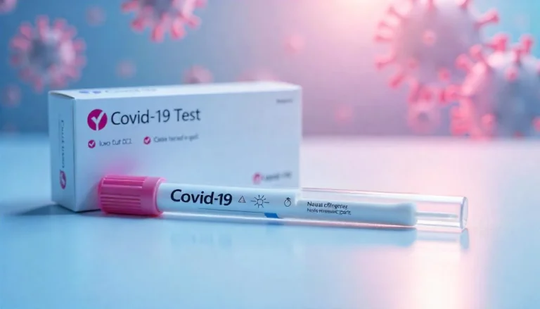 Covid-19 test kit with nasal swab and packaging, highlighting accuracy and precision in virus detection.