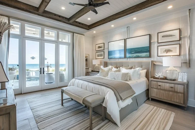 Elegant Hampton-style bedroom with coastal decor and natural light.