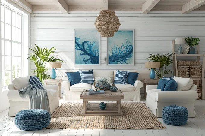 Hampton-style living room with coastal-inspired color palette and natural textures.