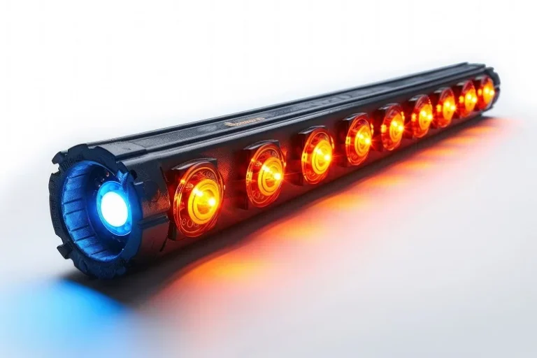 Close-up of an LED light bar with amber and blue lights for vehicles.