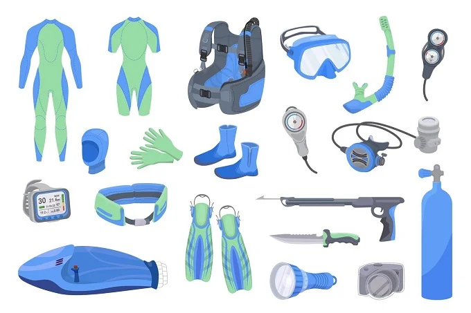 Comprehensive set of essential diving equipment, including wetsuits, masks, fins, tanks, and accessories for underwater adventures