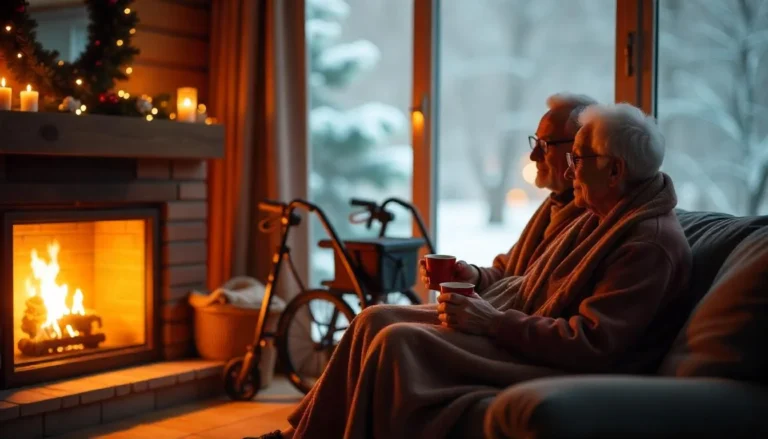 Elderly couple sitting by a warm fireplace in winter, with mobility aids nearby, enjoying safety and comfort indoors.