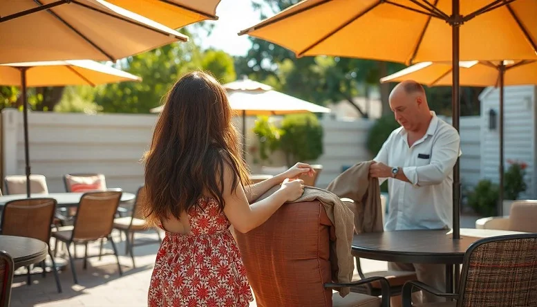 Man and woman covering outdoor furniture under patio umbrellas for protection.