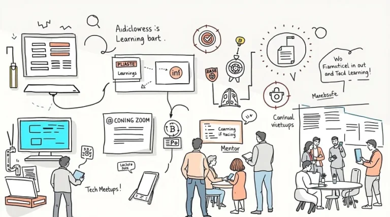 Illustration showing resources to master advanced tech skills, including online learning, mentorship, coding environments, and networking.