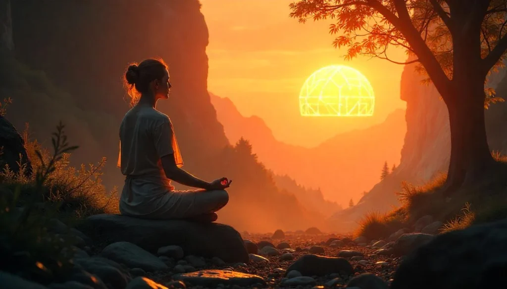 A serene figure meditating at sunrise in a mystical landscape, symbolizing the journey of Antarvwsna through self-discovery and stories.
