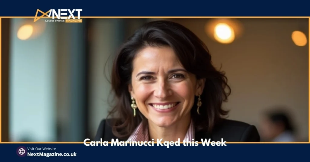 A Carla Marinucci Kqed this Week with shoulder-length dark hair, wearing a blazer and earrings, seated in a softly lit indoor setting.