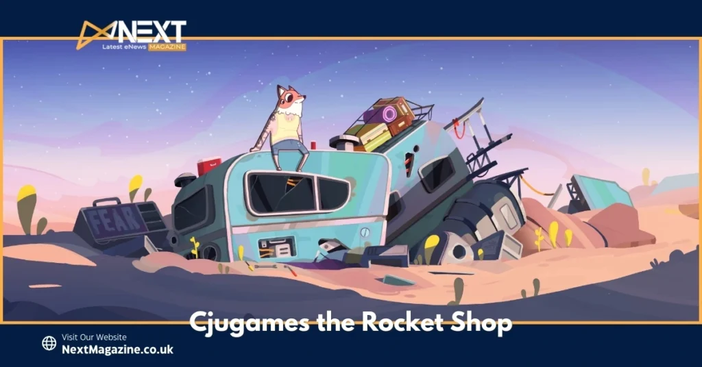 Fox mechanic character from Uncle Chop's Rocket Shop game standing on a crashed spaceship in a desert landscape with Cjugames the Rocket Shop