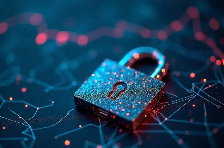 Glittering padlock on a digital network background symbolizing online security and privacy with free VPN services.