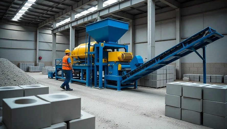Industrial hollow block machine producing concrete blocks in a construction facility with stacked blocks and materials.