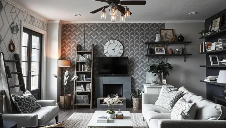 Stylish living room with DIY upcycled furniture and geometric wall patterns