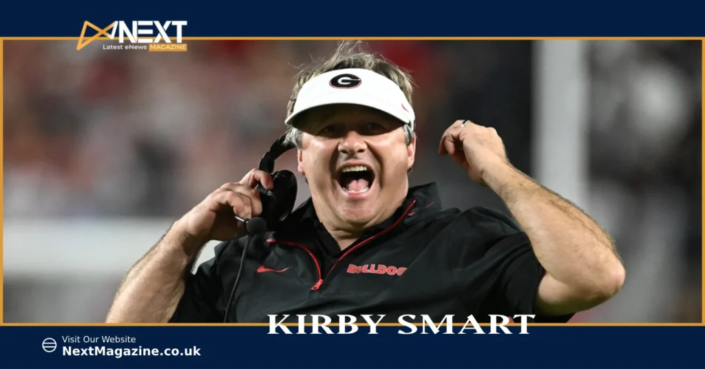 Kirby Smart celebrating on the sidelines during a Georgia Bulldogs football game.
