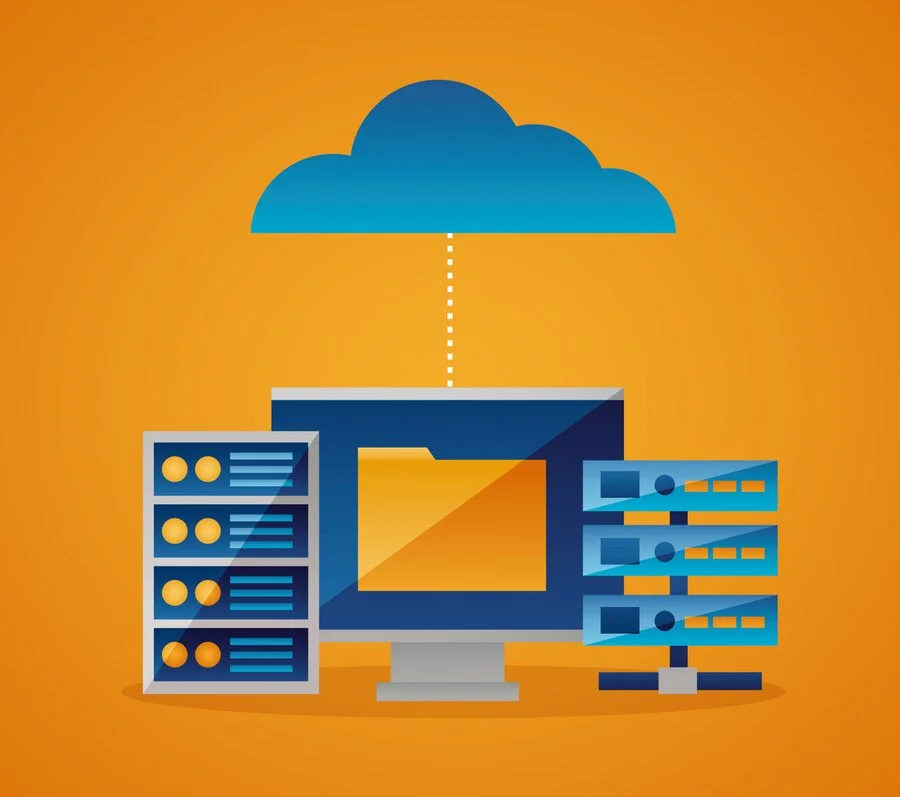 Illustration of managed Magento hosting with cloud storage and servers