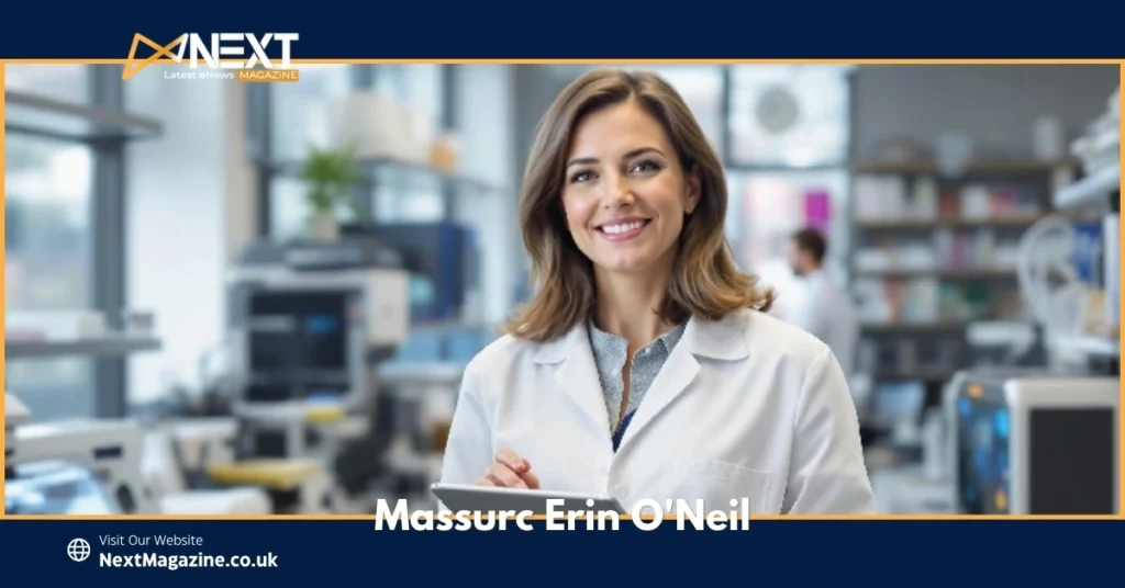 Dr. Massurc Erin O'Neil smiling in a white lab coat in a modern medical facility with medical equipment in the background