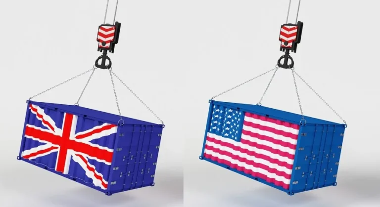 Shipping containers with UK and USA flags representing international shipping services from USA to United Kingdom