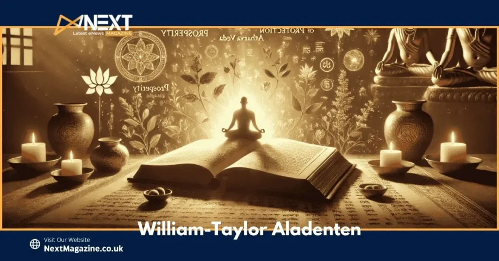 Meditation figure silhouette on open ancient book with spiritual symbols, candles and pottery in golden light - Wiilliam-Taylor Aladenten concept