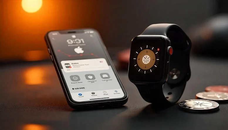 Why Apple Pay Casinos Are Big News in the UK - Entertainment - Next Magazine Apple iPhone and Apple Watch displaying Apple Pay, with casino chips highlighting the convenience of online gambling payments.