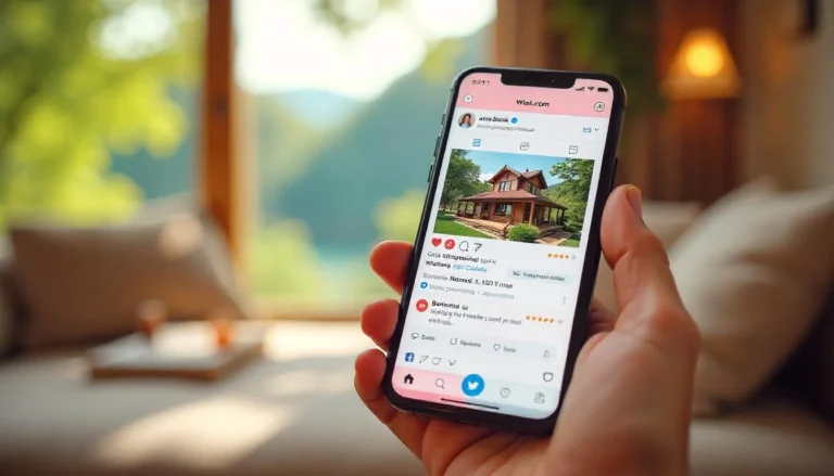 Person holding a smartphone displaying an Airbnb property listing on social media with likes and comments.