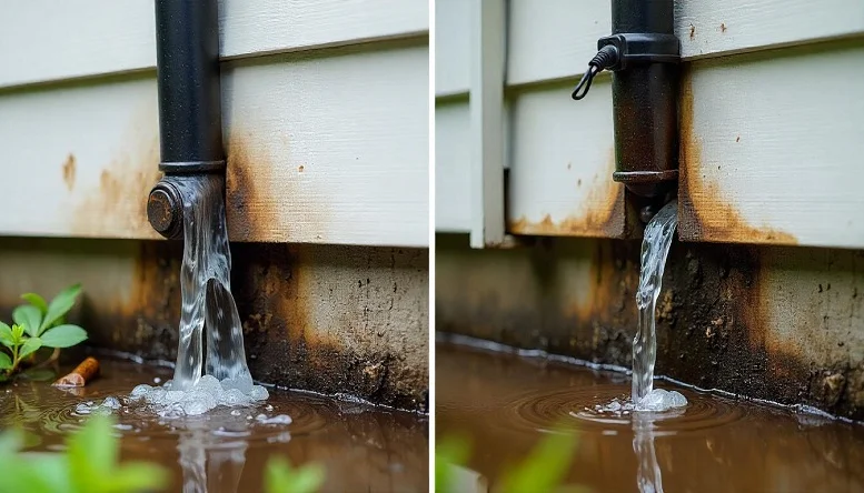 Why Regular Downpipe Maintenance is Crucial for Your Property - Home Improvement - Next Magazine damaged downpipe with water pooling near the foundation of a house