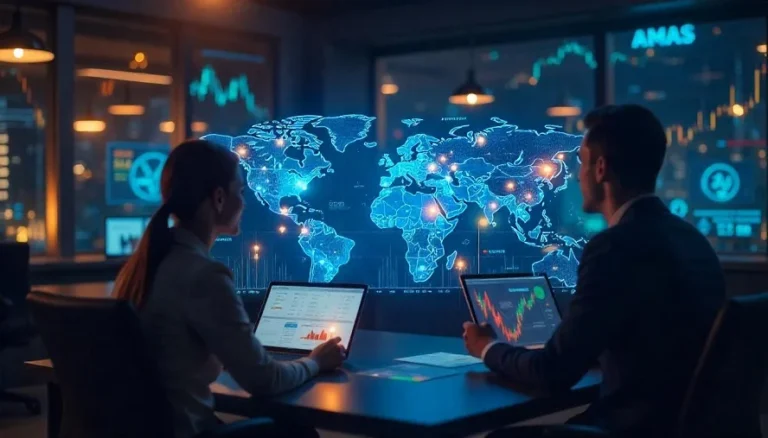 Traders analyzing blockchain and forex market data on digital screens with a global map in the background