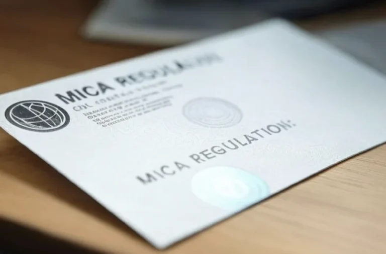 MiCA Regulation sign displayed on a wooden desk in an office setting.