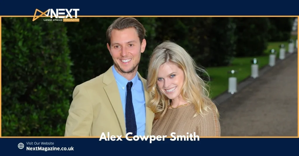 Alex Cowper-Smith standing outdoors in a formal outfit, accompanied by a woman in a stylish sweater.