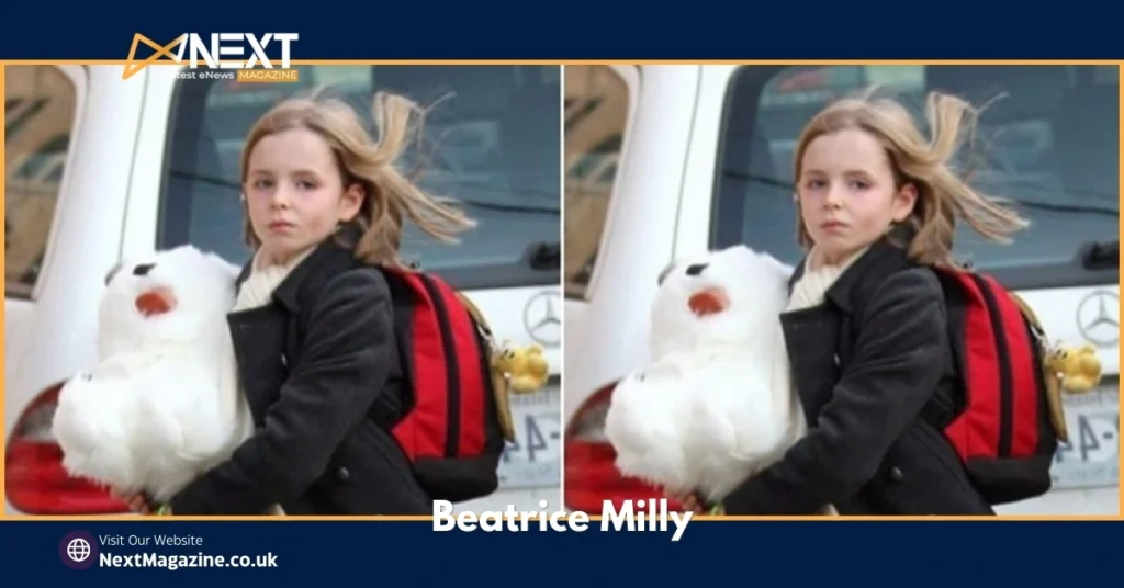 Young Beatrice Milly carrying a white teddy bear and wearing a black coat with a red backpack