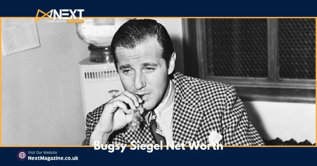 Bugsy Siegel Net Worth in a checkered suit smoking a cigarette, looking contemplative in black and white photograph