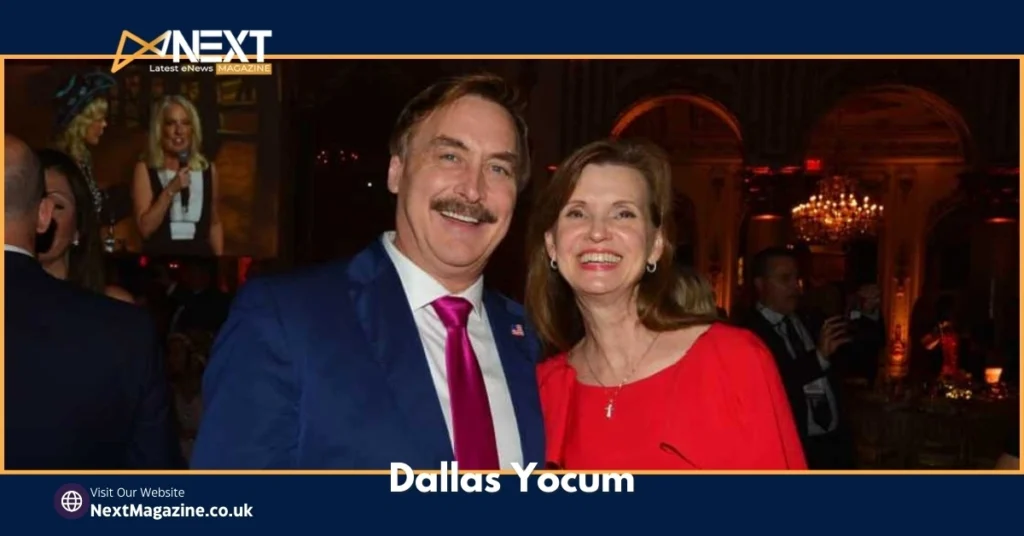 Mike Lindell and wife Dallas Yocum in red dress at formal gala event