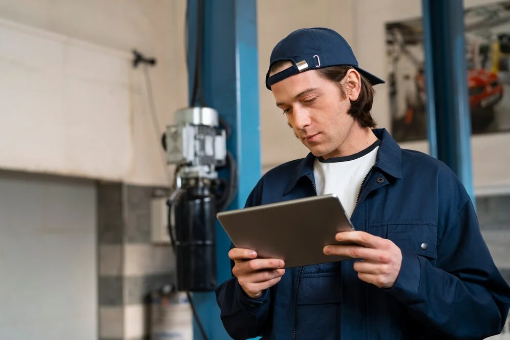 A maintenance worker inspecting a refrigerated container using a digital tablet for cost-effective maintenance checks.