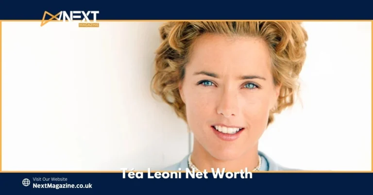 Descover Téa Leoni Net Worth and she is smiling with blonde curly hair and blue eyes against white background, NextMagazine logo header