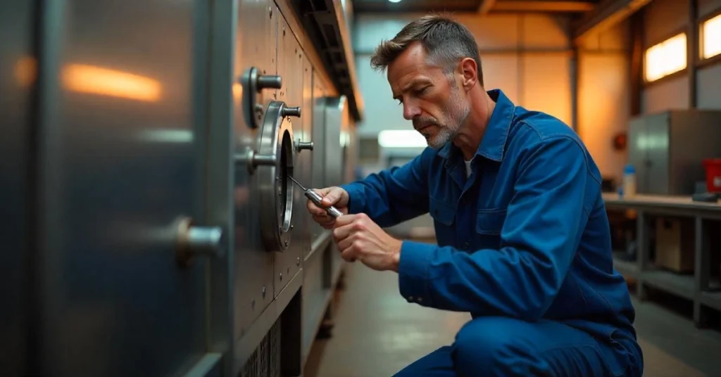 Troubleshoot Common Issues With Industrial Parts Washers: Technician inspecting and repairing an industrial parts washer in a workshop setting.