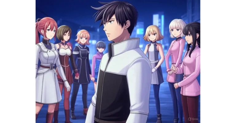 Animeidhen sci-fi scene with male protagonist in white uniform facing away from group of female characters in futuristic city backdrop
