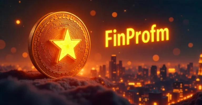 FinProfm Review digital coin with glowing star symbol in front of a futuristic city skyline, representing innovative finance technology.