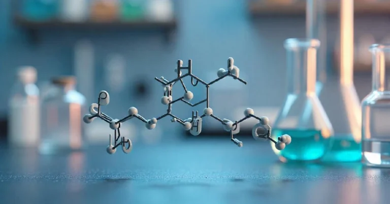 "3D molecular structure of HCOOCH CH2 H2O (hydroxyethyl formate) showing chemical bonds and atoms in a laboratory setting with glassware background