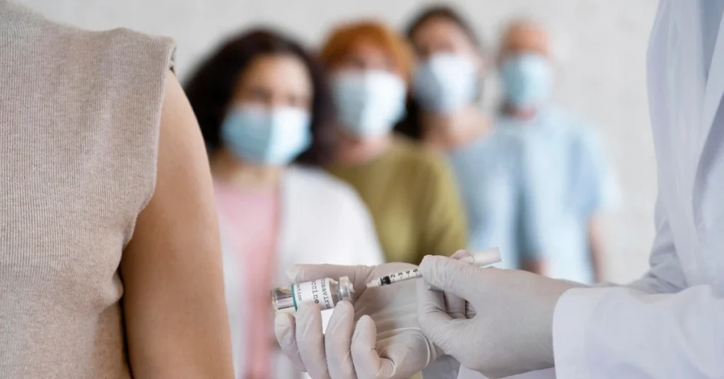 Woman undergoing HPV Testing at a clinic, with a healthcare professional collecting a cervical cell sample for accurate HPV screening.