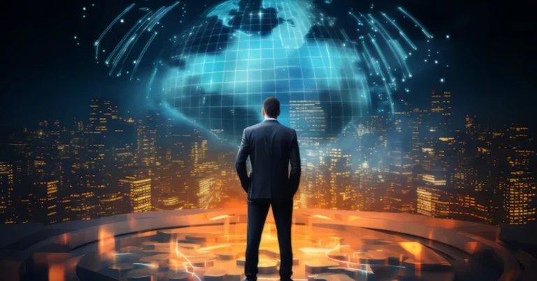 Business professional looking at digital global network representing Jusziaromntixretos concept and future of ethical technology integration