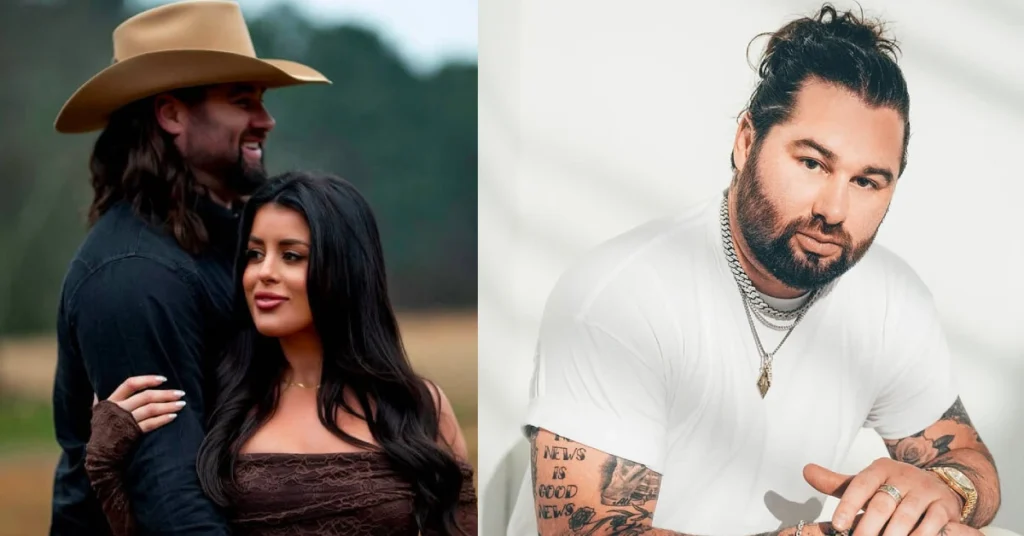 Koe Wetzel and girlfriend Bailey Fisher embracing in a romantic pose alongside a solo portrait of the country-rock artist, often searched as Koe Wetzel wife
