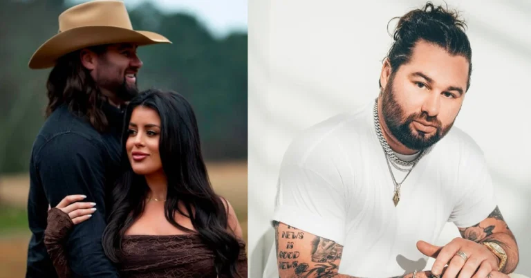 Koe Wetzel and girlfriend Bailey Fisher embracing in a romantic pose alongside a solo portrait of the country-rock artist, often searched as Koe Wetzel wife